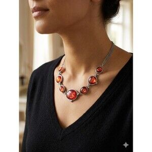 Vintage Art Deco Style Double Chain Bib Necklace, Faux Amber 18"
